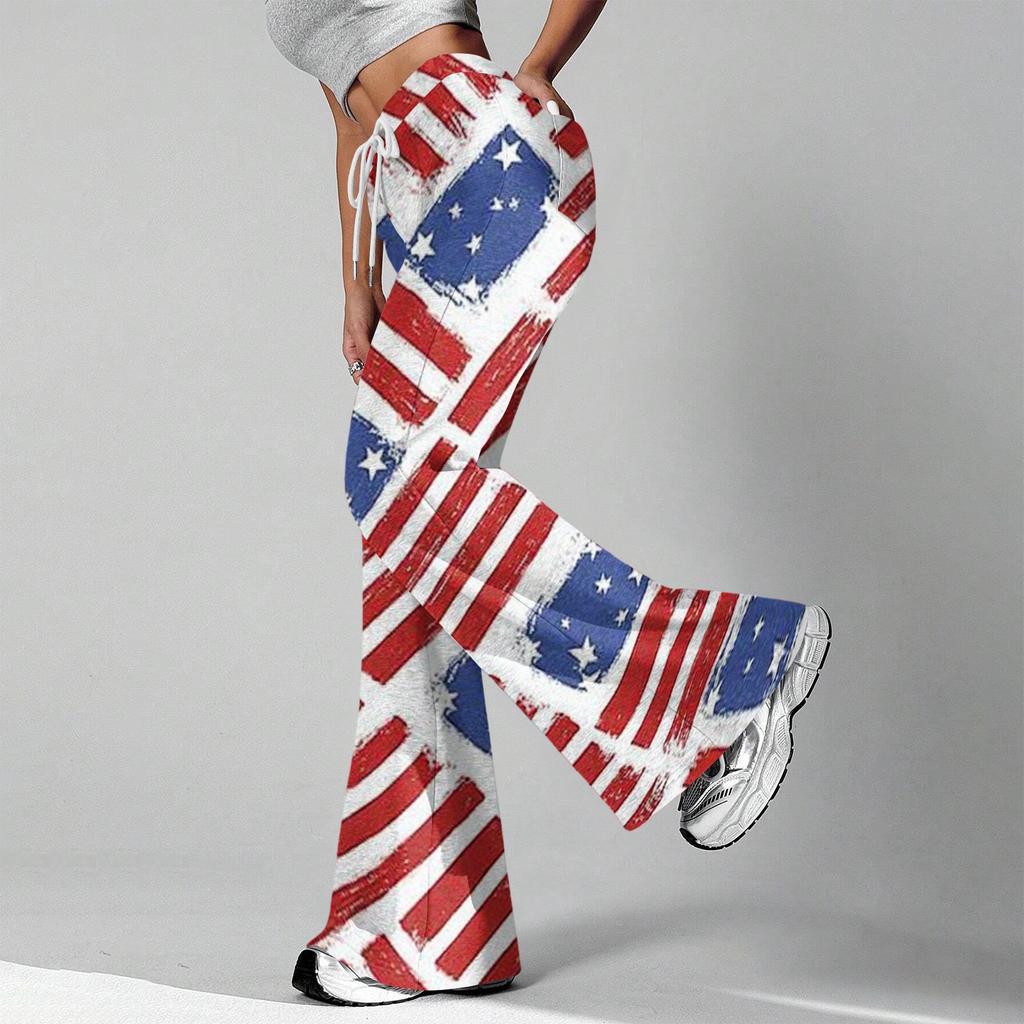 Women's Fashion Loose Drawstring Tight Waist Independence Day Printed Casual Sports Pants Casual Flared Pants