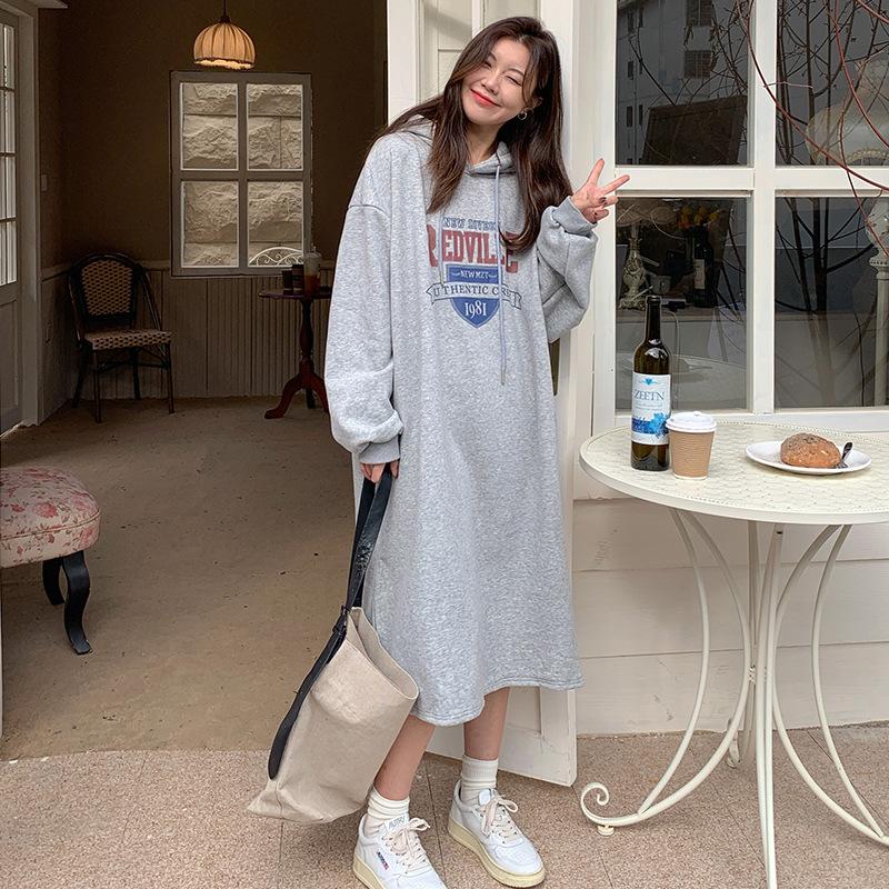 Mid-length Sweatshirt for Women Korean Style Striped Long-sleeved Dress for Winter Korean Style Loose Over-knee Plus Velvet