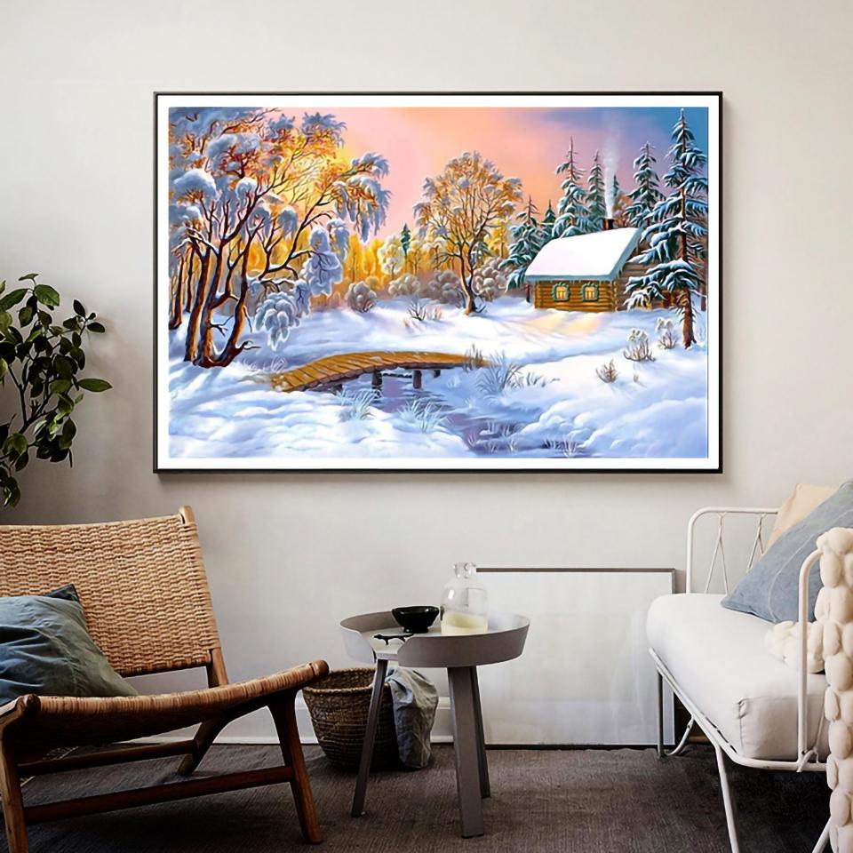 5D DIY Diamond Painting Landscape Winter House Full Round Rhinestone Embroidery Cross Stitch Kit Mosaic Picture Decoration Gift