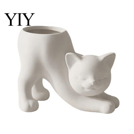 Minimalist Cream Decor 3D Printed Stretching Cat Planter Pot, Cute Kitty Succulents Creative Small Cactus Flowerpot Animal Flowerpot, Lovely