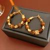 18k Gold Plating Retro Brown Tiger's Eye Stone Hoop Earrings Women's Luxury Irregular Beads Ear Studs Charms Jewelry Bijoux K1