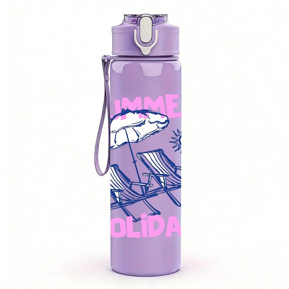 1PC Summer Holiday Pastel Letter Print 750ml Color Plastic Sports Water Bottle Leakproof Flip Straw Lid Suitable for Sports Office Home Use