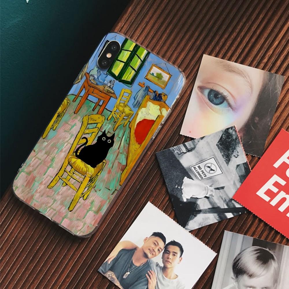 Cartoon Animal Black Cat Oil Painting Phone Case For IPhone 16 15 14 13 12 Mini 11 Pro XS Max X XR SE 6 7 8 Plus Silicone Cover