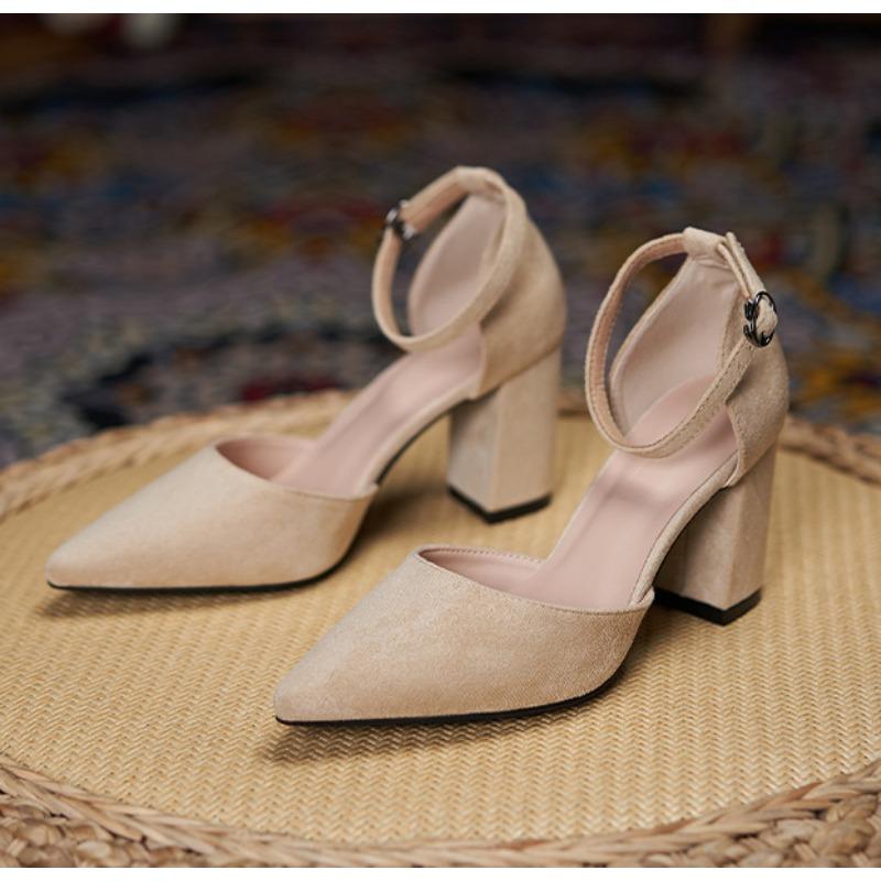 31-44 Women Pumps Fashion Black High Heels Shoes Flock Pointed Sandals Summer New Party Thick Heel Shoes Ladies Wedding Shoes