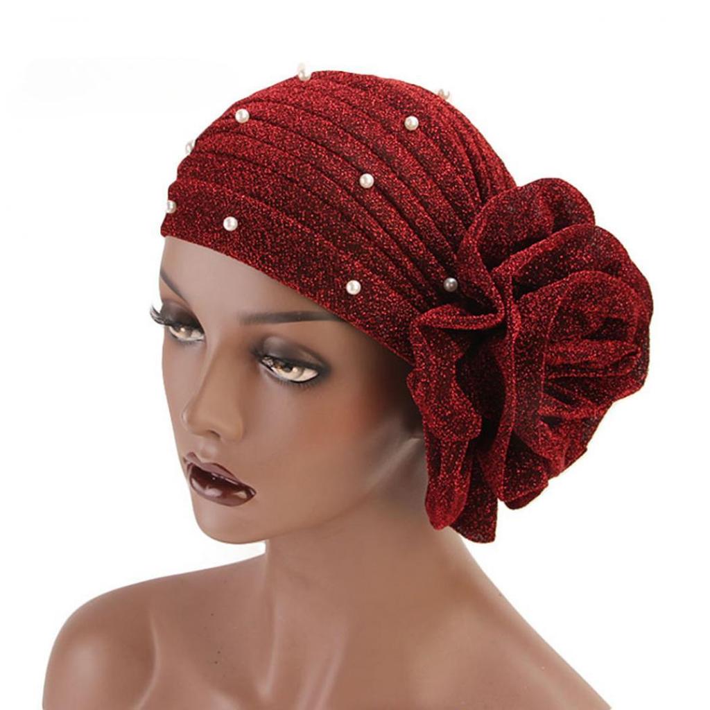 Women Big Flower Headband Cap Faux Pearl Decor Hijab Turban Hat Head Wrap