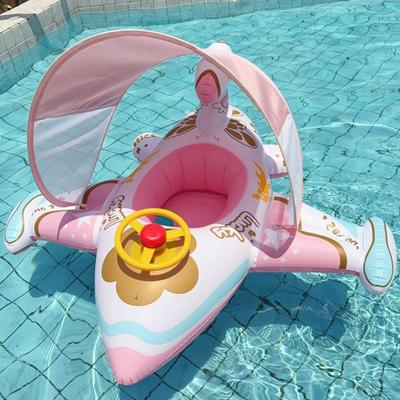 Inflatable Airplane Float Baby Ride Raft Pool Toys with Sunshade Outdoor Water Play Swimming Ring Lounger Comfortable