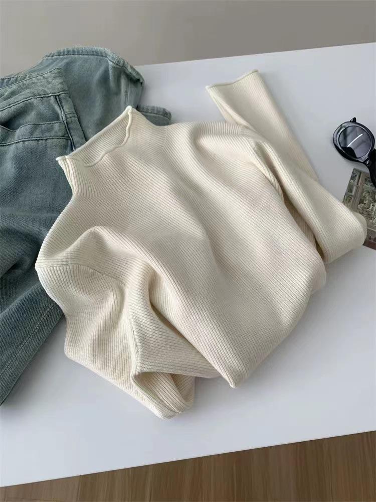 Women's Autumn Winter Warm Ribbed Knit Sweater - Half-High Neck, Rolled Hem, Loose Fit, High-End Feel