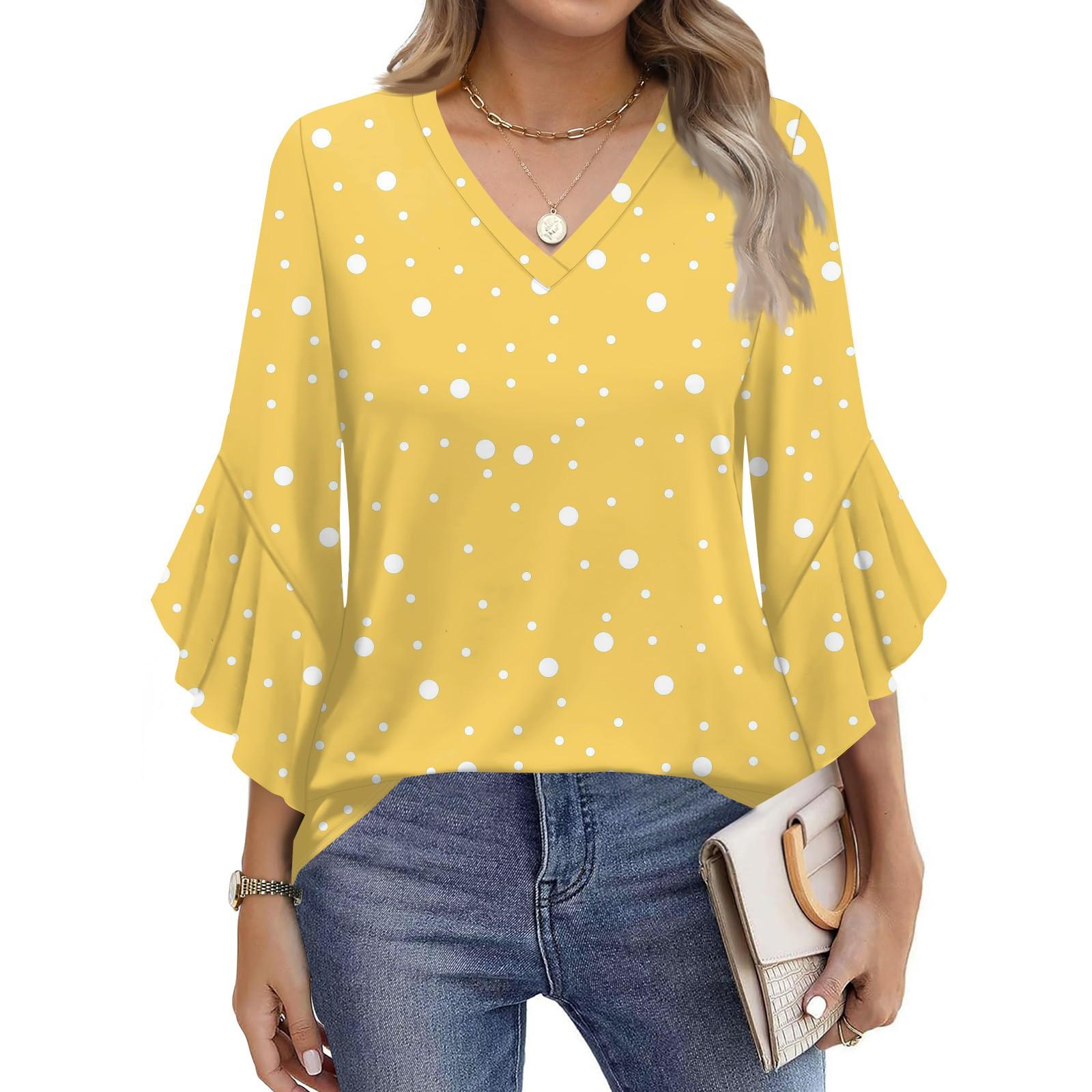 

Women s Fashion Casual Seven-minute Sleeve Vintage Polka Dot Print Top V-neck T-shirt Flared Sleeve Shirt XXL жовтий