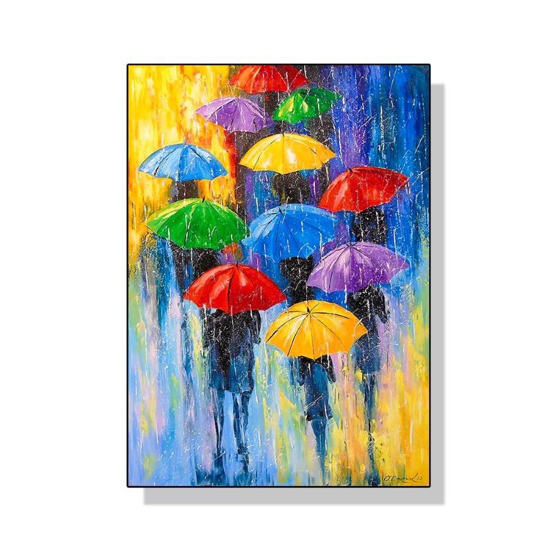 Abstract colourful umbrella landscape in the rain canvas painting oil wall of art for the modern living room home decor cuadros