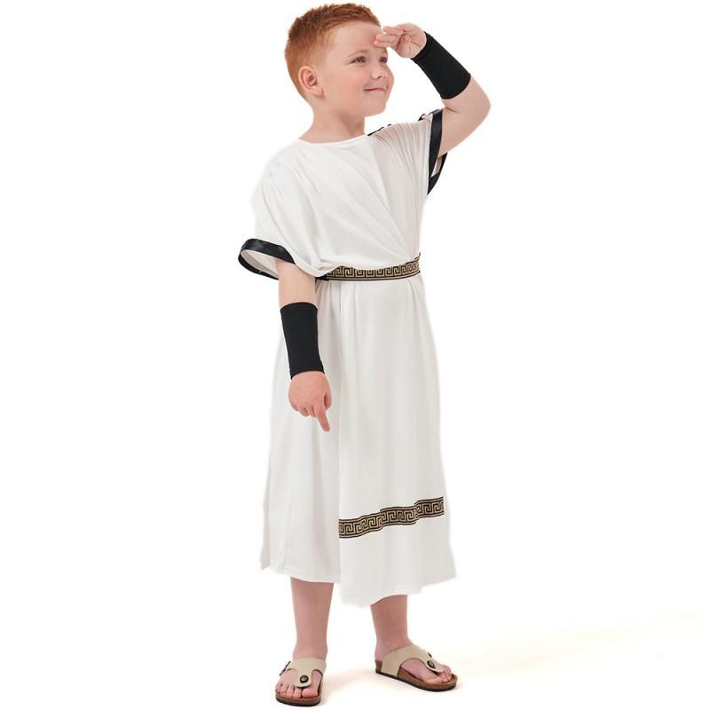 Greek Roman Mythology Warrior Costume Kids Boys Toga Dress Cosplay Outfit Short Sleeve White Performance