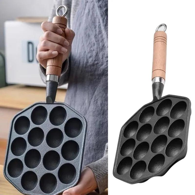 Oktopus-Fleischbällchen-Formhersteller Leicht zu reinigen 14 Löcher Takoyaki-Grillpfanne Gusseisen Verdickt Abnehmbarer Griff für die Küche