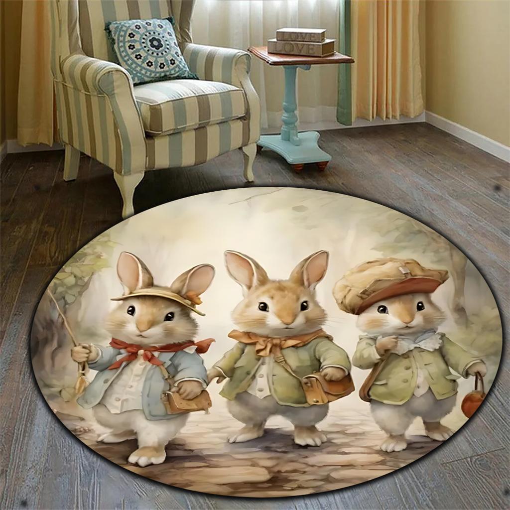 Easter Cute Rabbit Patterned Rug Round Area Rug Decoration Suitable for Living Room Bedroom Office Game Room Children Gift