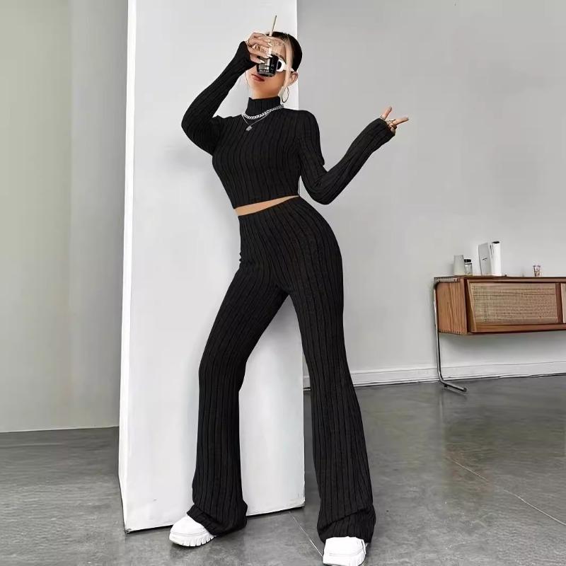 Toamnă Nou Set de pantaloni tricotați cu mânecă lungă Femei Casual Solid Stand Pantaloni largi din două piese Costume Femei Tricoturi Moda elegantă Seturi de femei 2 piese 24706