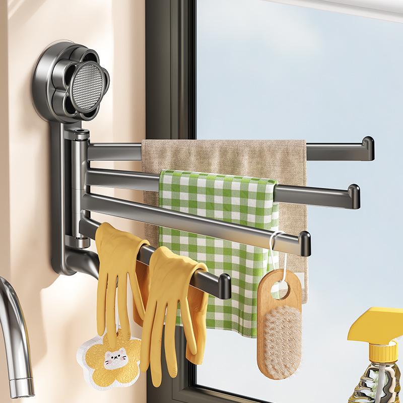 Multi-Bar Folding Rotatable Towel Rack With Suction Cup Punch-Free Wall Hanging Towel Holder For Kitchen Bathroom