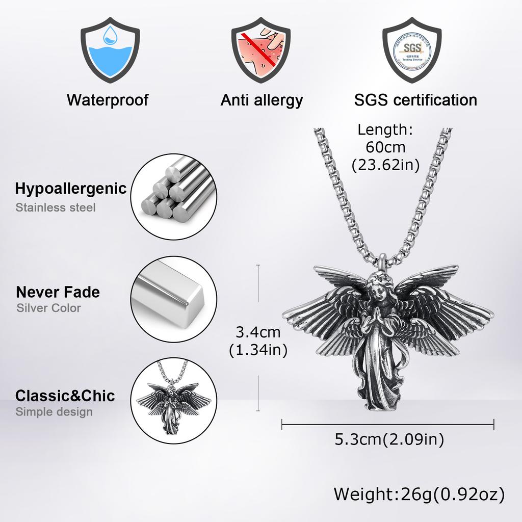 Punk Six Winged Angel Necklace for Men,High Quality Stainless Steel 3D Angle Pendant Necklace,Vintage Streetwear Jewelry Gift