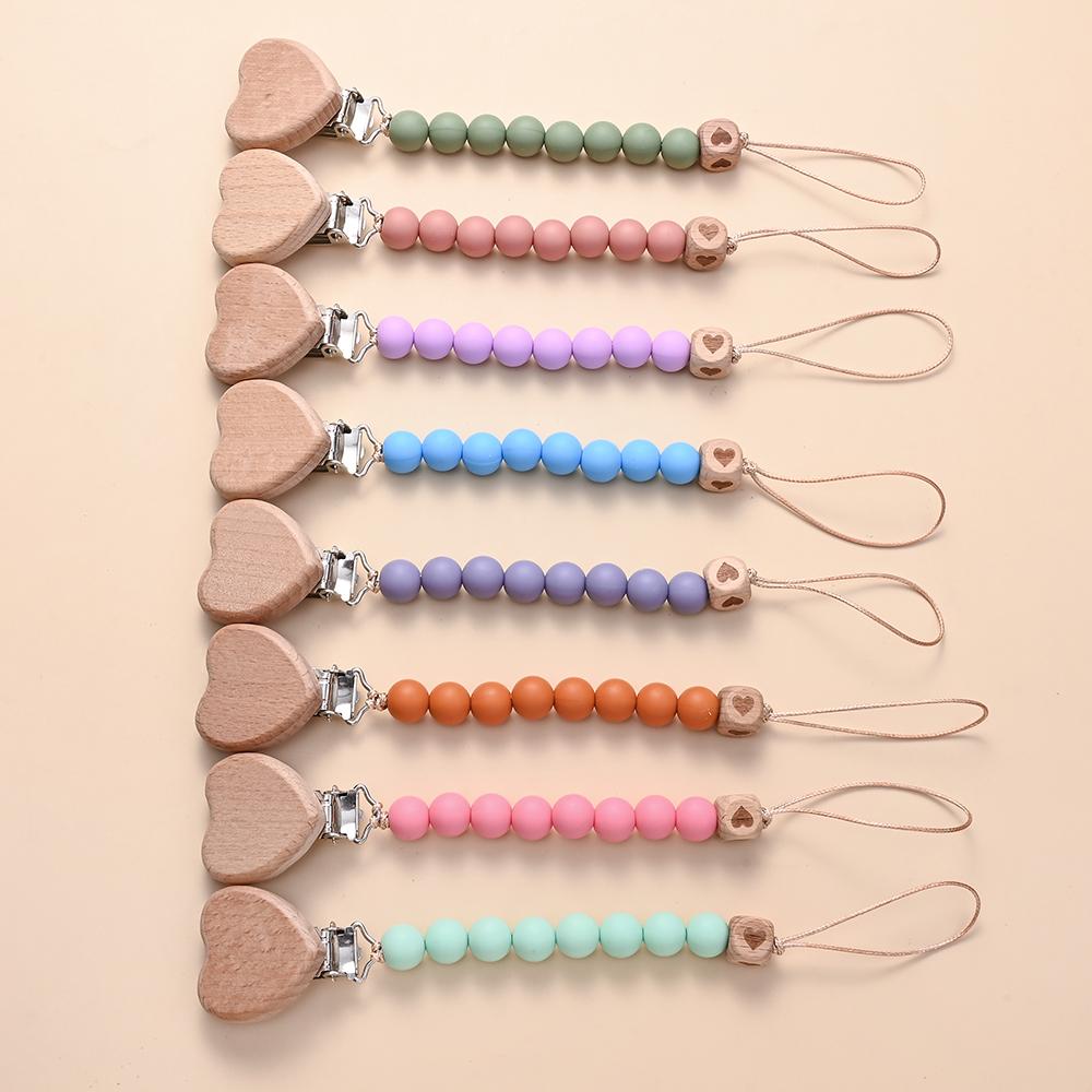 Pendant for Newborn Toys Gift New Beech Wooden Heart Beads Baby Pacifier Chain Clip Silicone Beads Dummy Nipple Holder Teether
