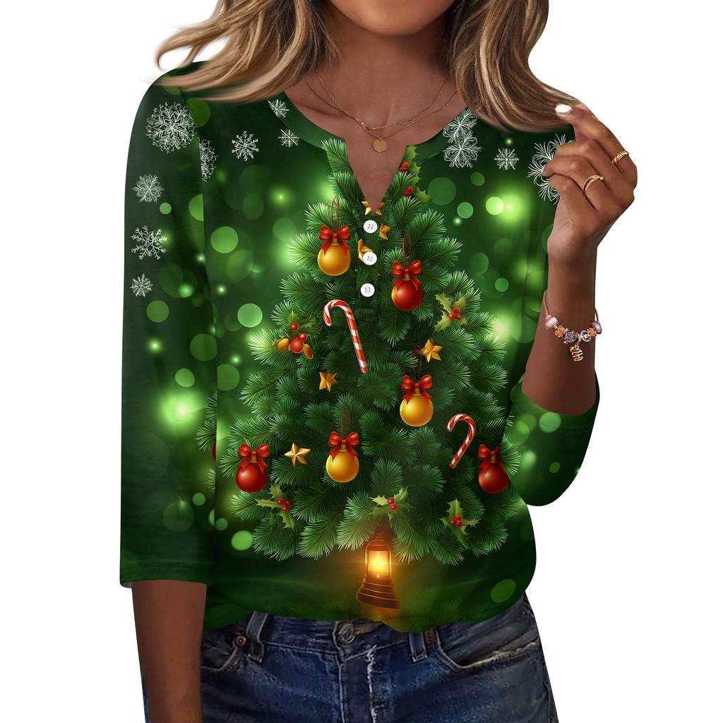 Women's Casual Christmas Print V-Neck Button 3/4 Sleeve T-Shirt