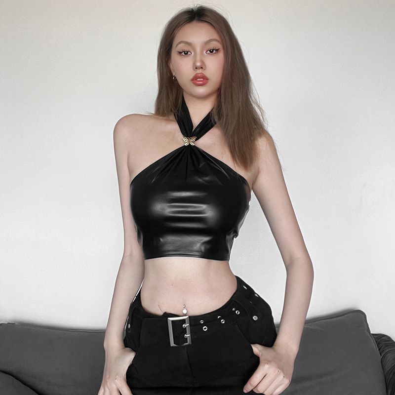 # Sisjuly# Punk Street Sexy Style Ins Butterfly Locking Buckle Embellishment Sexy Shoulder-Baring Slimming Halter Spaghetti Straps Female