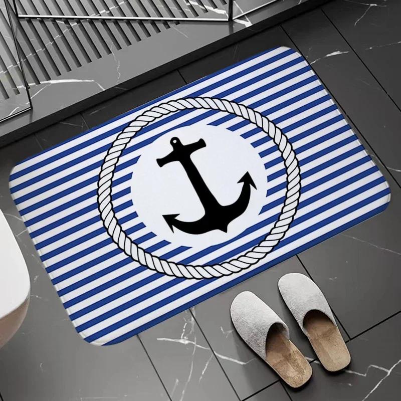 Chic Nautical Anchor Boat Navy Blue Stripes Doormat Bathroom AntiSlip Floor Mat Long Corridor Carpet Custom Rug For Kitchen Bath