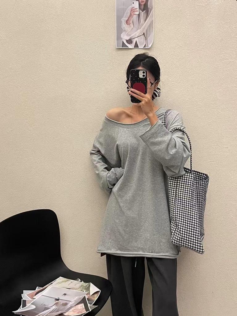 Da 7 Women's Spring Loose Plus Size Off-Shoulder U-Neck Long Sleeve T-Shirt