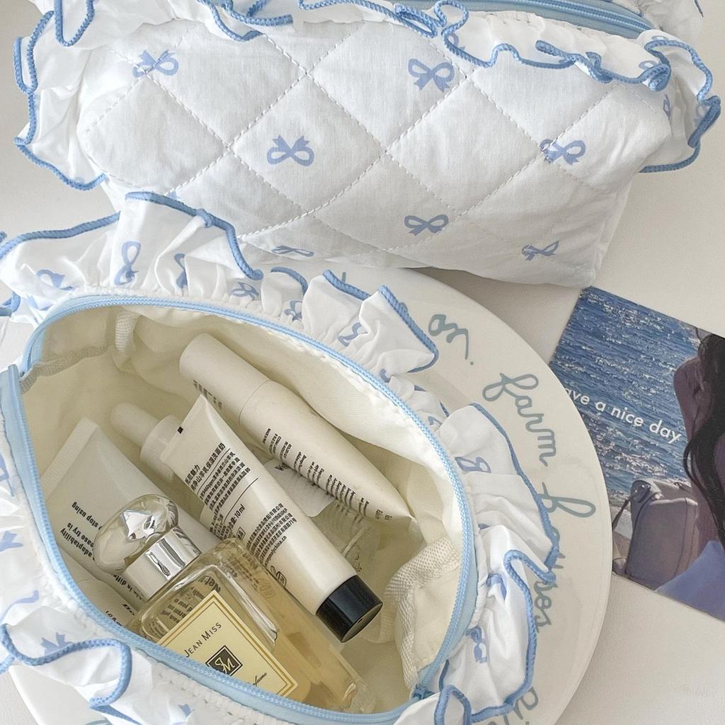 Lace Bow Makeup Bag: Sweet Fresh Lotus Leaf Design Clutch with Diamond Accents