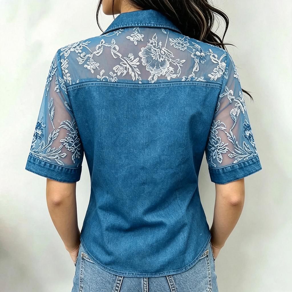 Women's Casual Lace Trim Blouse with Collar, Loose Fit Long Sleeve Shirt
