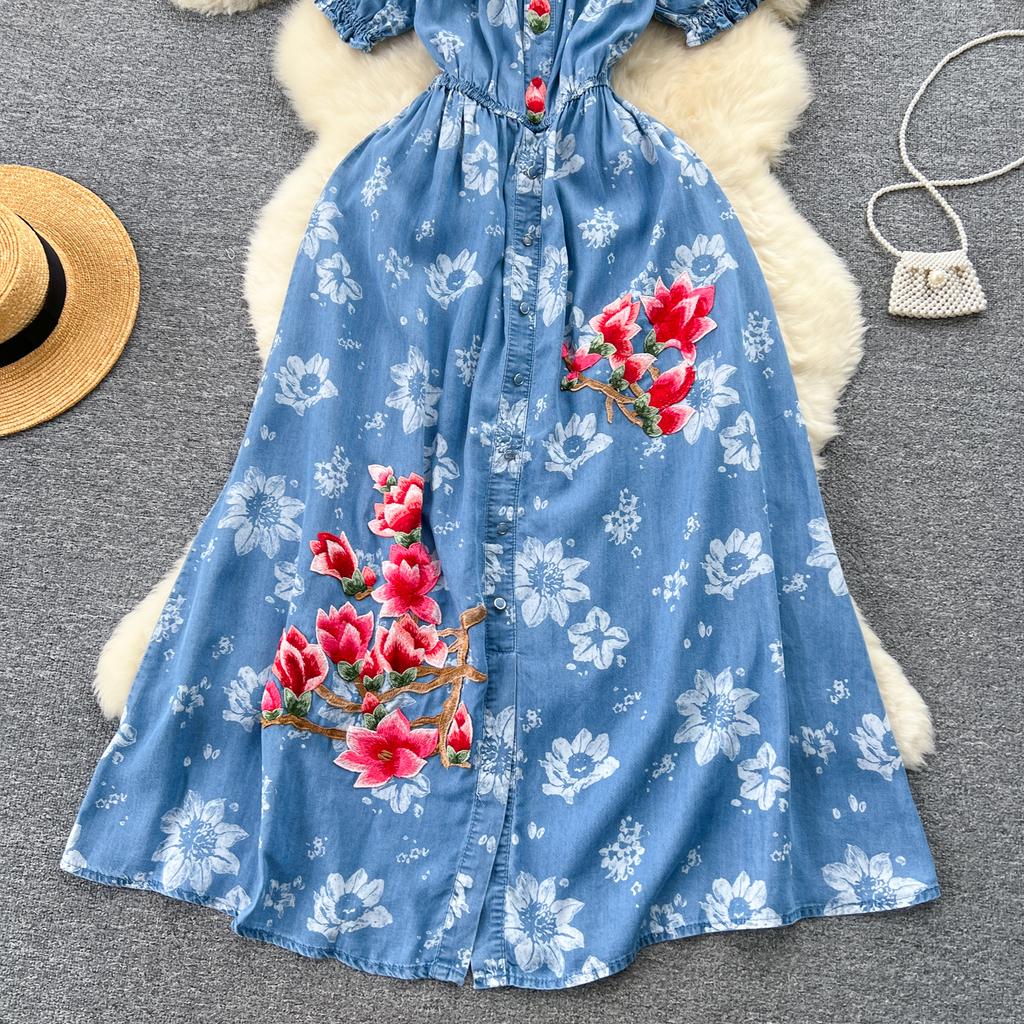 New Elegant Women Square Collar Embroidery Flowers Denim Dress Vintage Summer Single Breasted Printing Soft Long Dresses