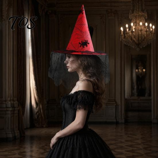 Dark Theme Stage Performance Hat Halloween Witch Hat, with Lace Mesh And Simulated Spiders, Gothic Costume Accessories for Carnival Nights Style