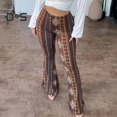 Women Pants High Elastic Waist Retro Print Flared Hem Slim Fit Stretchy Casual Soft Breathable Sports Yoga Long Trousers