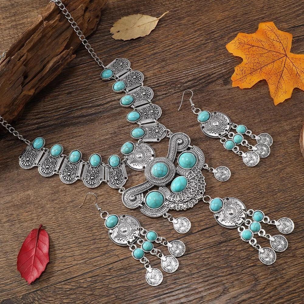 Western Jewelry Set Ethnic Vintage Imitation Turquoise Coin Tassel Necklace Earrings for Women Party Accessories