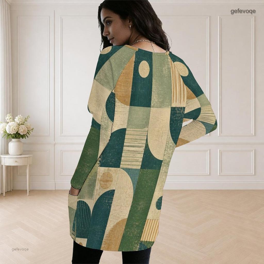 Women Plus Size Round Neck Long Sleeve Geometric Printed Loose Longline Top With Pockets