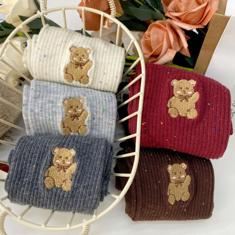 Ankela Red Socks for Women, Cotton Cotton Breathable Mid-calf Socks, Dui Dui Socks, Embroidered Bear Boneless Vertical Long Socks