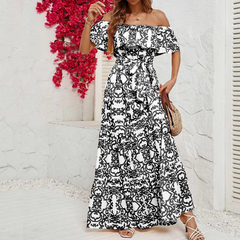 Women's Dress Summer European and American New Women's Clothes off-Shoulder Short Sleeve Print Ruffles Maxi Dress
