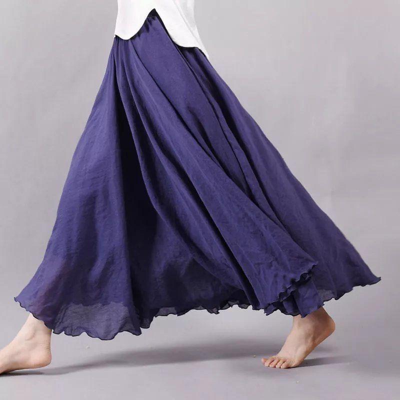 Boho Beach Women's Skirt Linen Cotton Blend Elastic Waist Long Pleated Maxi, Vintage Summer Casual Skirt Faldas Saia