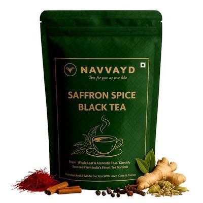 Navvayd Safran Baharatlı Siyah Çay, Enerji Veren Keşmir Safranı ve Baharatlarla, Yaprak Çay - Sıcak veya Soğuk Tadını Çıkarın (50 gram)