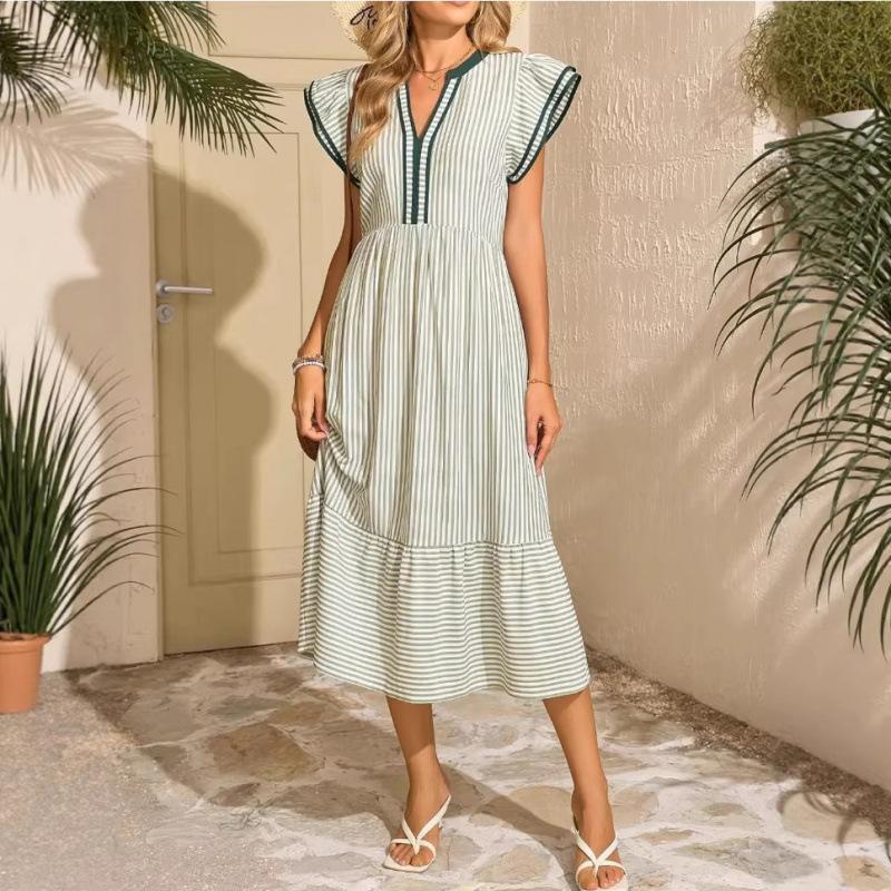 European and American fashion new women's striped double frilly short-sleeved contrasting color V-neck skirt