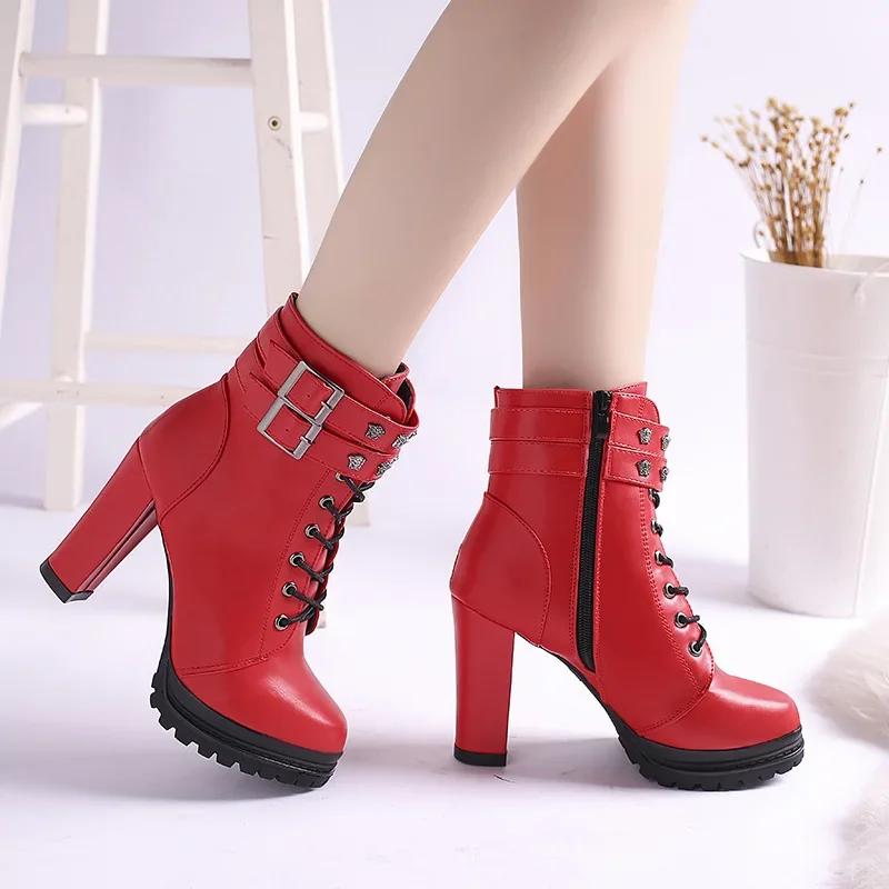 Women Autumn Ankle Boots Sexy Office High Heels Platform Boots Round Toe Leather Booties Black Pumps Ladies Party Shoes New 2024