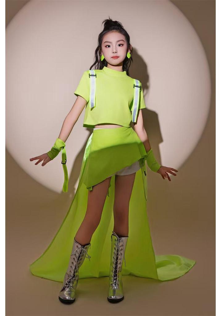 Fluorescent Green Girls' T-shirt & Skort Set - Trendy, Sporty Style for Middle & Older Kids, Ideal for Daily Wear & Fashion Shows