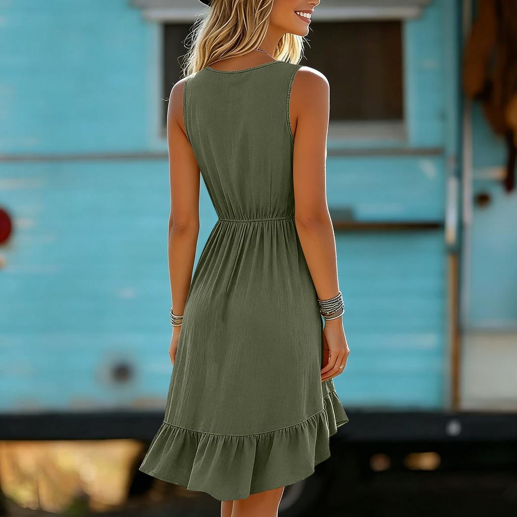 Women’s Sleeveless V Neck Ruffle Hem Dress with Irregular Hem Casual Solid Button Front Vacation Style Sundress