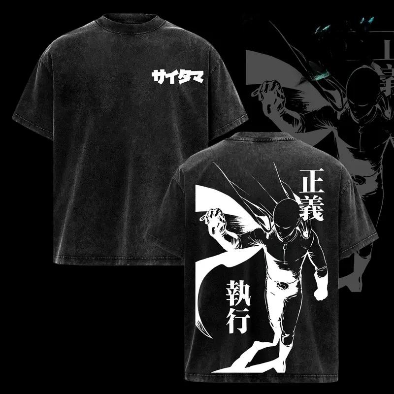 Hot Anime ONE PUNCH-MAN Saitama Print T-shirt Men Women Short Sleeve Clothing Cotton Tshirt Retro Washed T Shirt Harajuku Tops