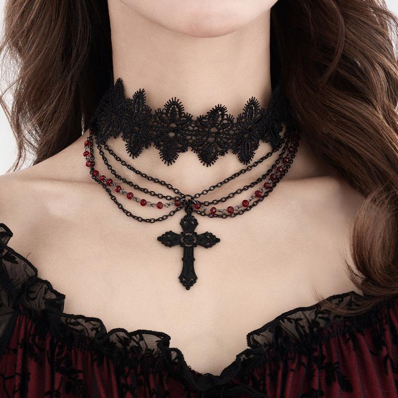

Meier Gothic dark cross necklace for women - punk crystal beaded tassel choker