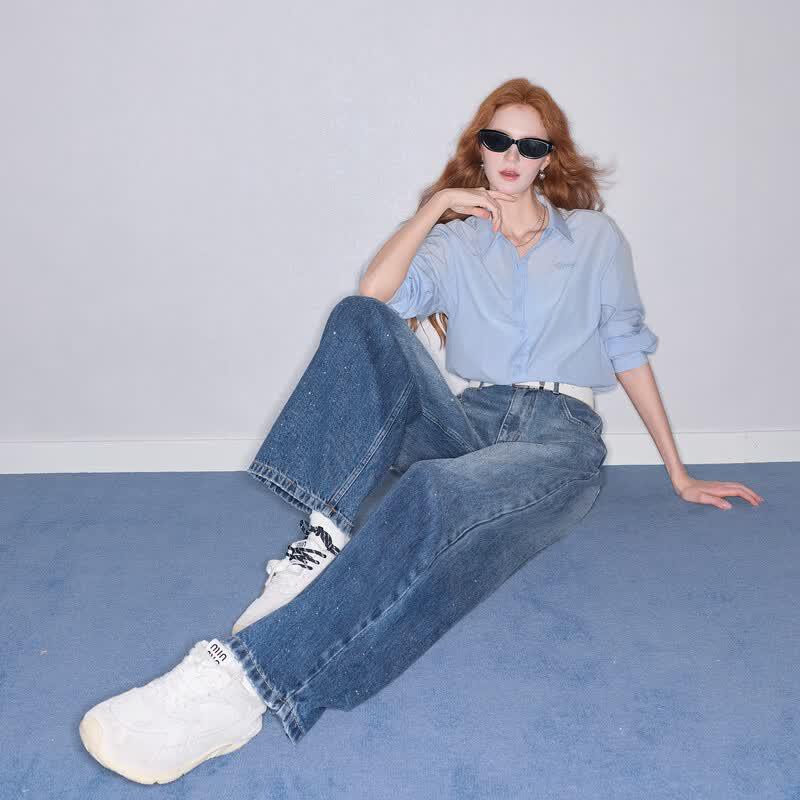 Sancai 100% Cotton High Waist Loose Wide Leg Denim Jeans