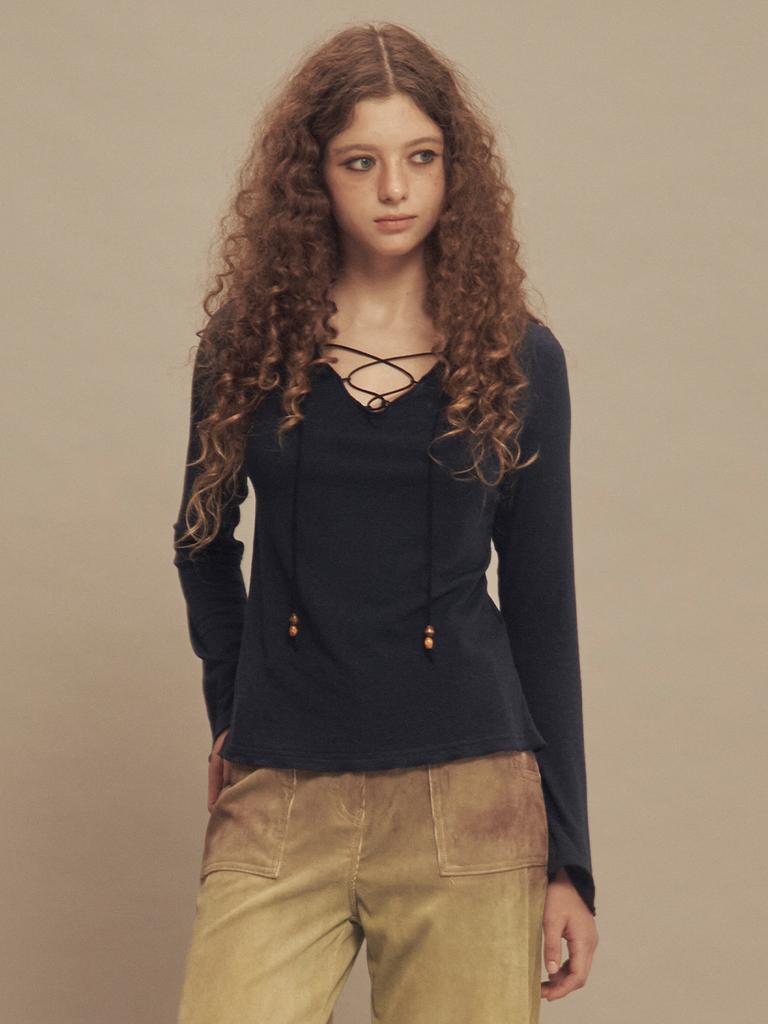 SETSETSET Beads Lace-Up Top Navy