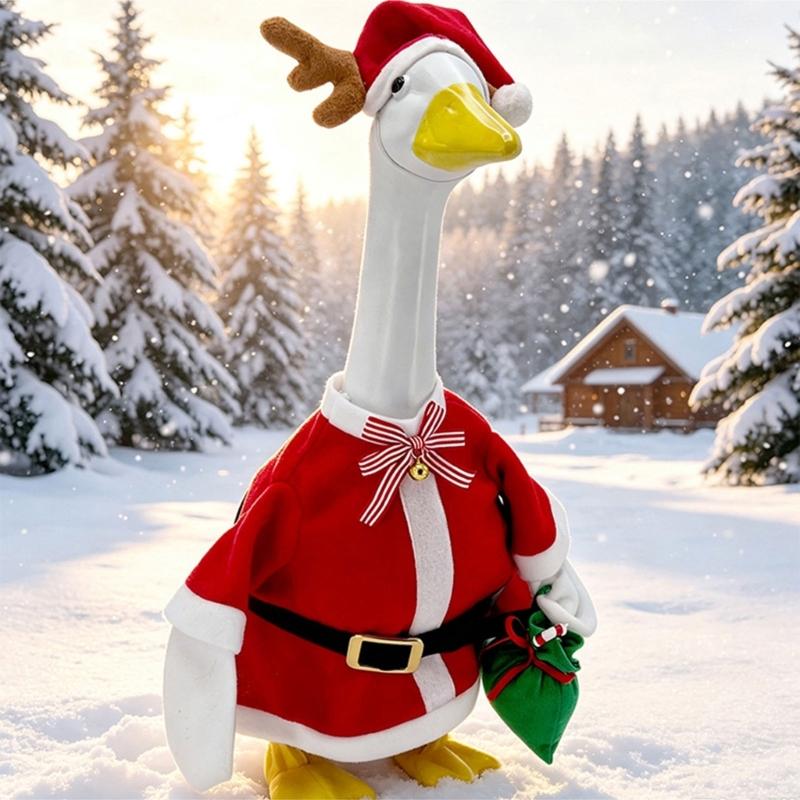23Inch Porch Geese Statue Costume Polyester Santa Themed Outfit with Horned Deer Motif Styling for Christmas Yard and Holiday Photo Displays