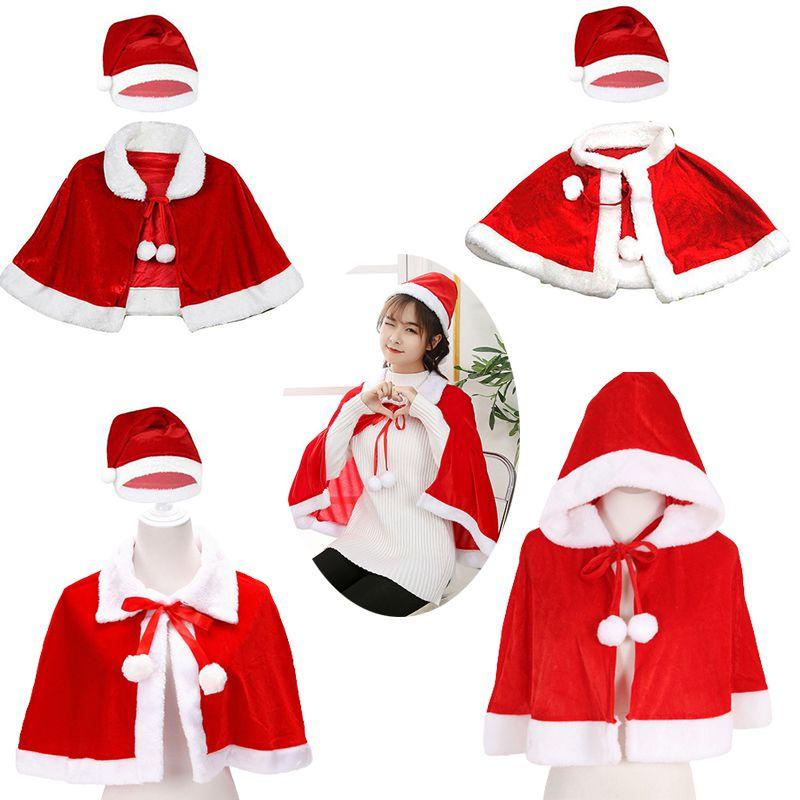 Xmas Red Velvet Santa Claus Hooded Cloak With Hat For Kids Adults