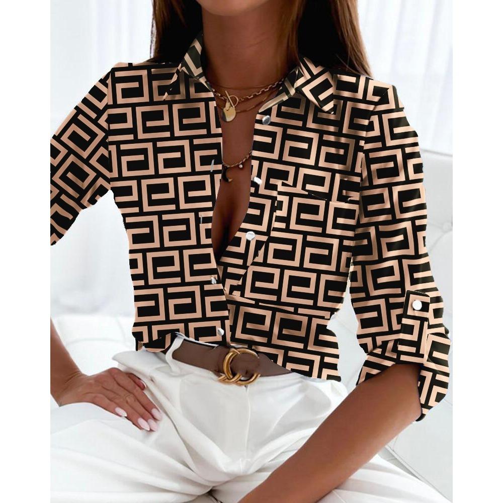 Elegant Women Blouse 2023 Spring and Autumn Temperament Top Long Sleeve Stripe Print Office Slim Fit Pocket Shirt