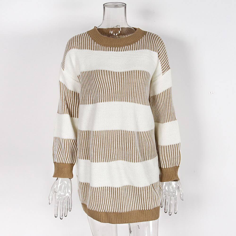 Gestreiftes, lässiges, lockeres Strickpulloverkleid für Damen im Herbst/Winter