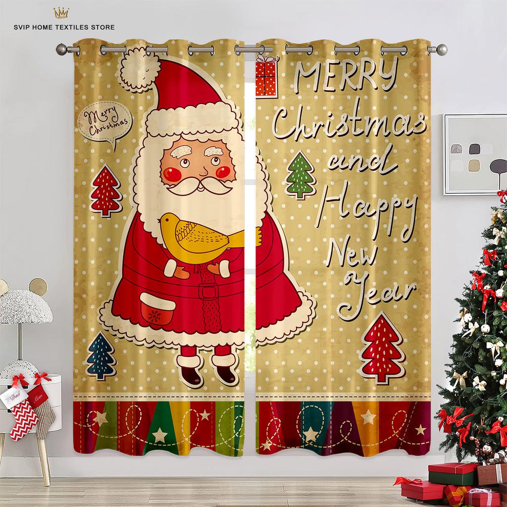 3D Cartoon Christmas Elk Christmas Tree Curtains 2 Panels Deluxe Living Room Bedroom Balcony Kitchen Kids Room Decor Curtains