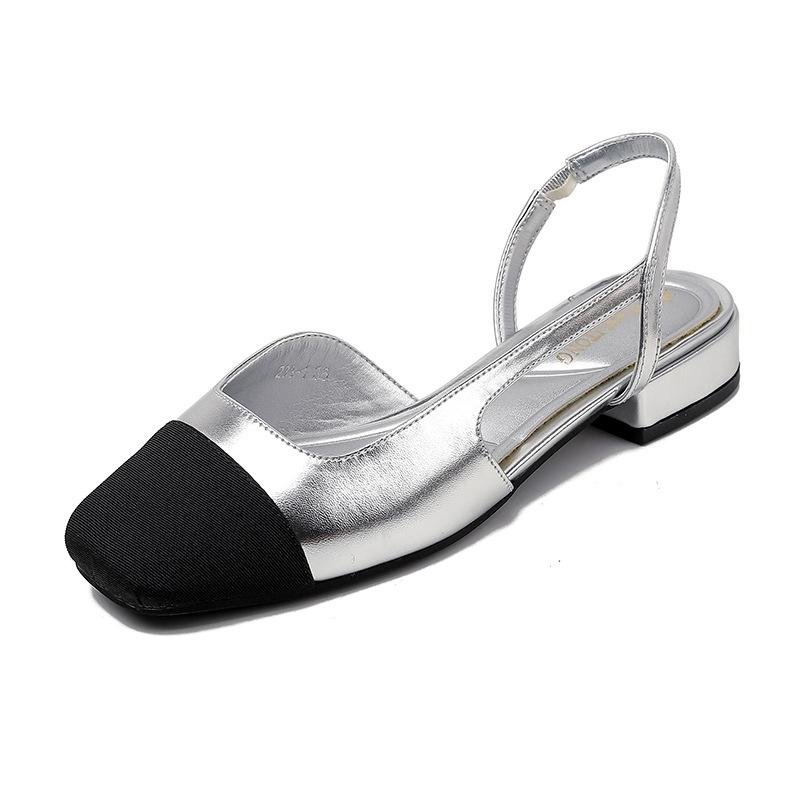 2025 spring new French style not tired feet single shoes small fragrant style color matching bag head sandals women's silver shoes women's versatile