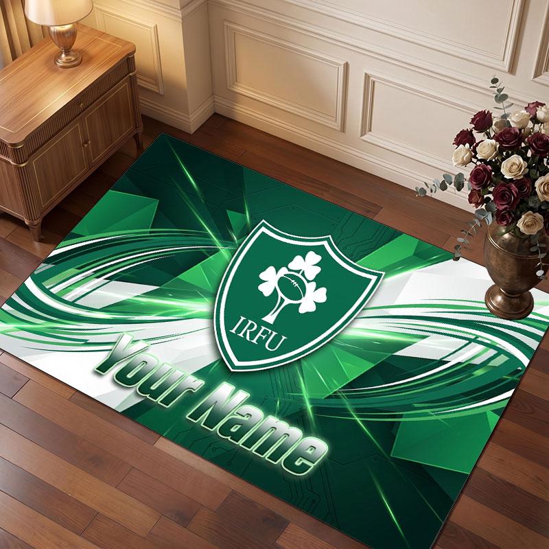 Ireland Rugby Personalized Crystal Velvet Carpet, Customized Name Text Soft Anti‑Slip Rug for Living Room Bedroom